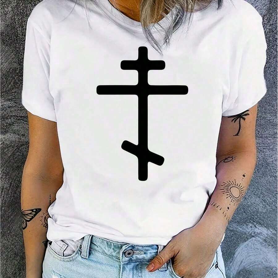 Camiseta para Mujer con Estampado de Fe y Motivos Religiosos, Cuello Redondo-06 - Blanco - Ver 1