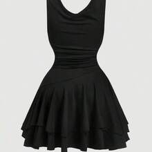 MOD Plus Size Women's Modest Black Draped Neck Dress - Deep V Tiered Ruffle Hem Knitted A-Line With Adjustable Lace-Up For Everyday/Party/Vacation,Can Be Worn With A Slanted Shoulder, Or In Multiple Ways.,Birthday Dresses For Women - Negro - Ver 4