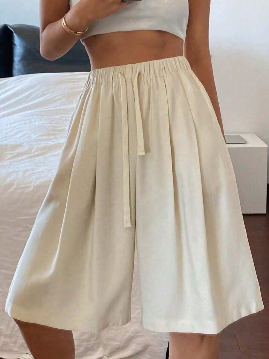 Pantalones rectos sueltos de unicolor con cintura elástica y cordón, informales de lino para el verano - Albaricoque - Ver 1