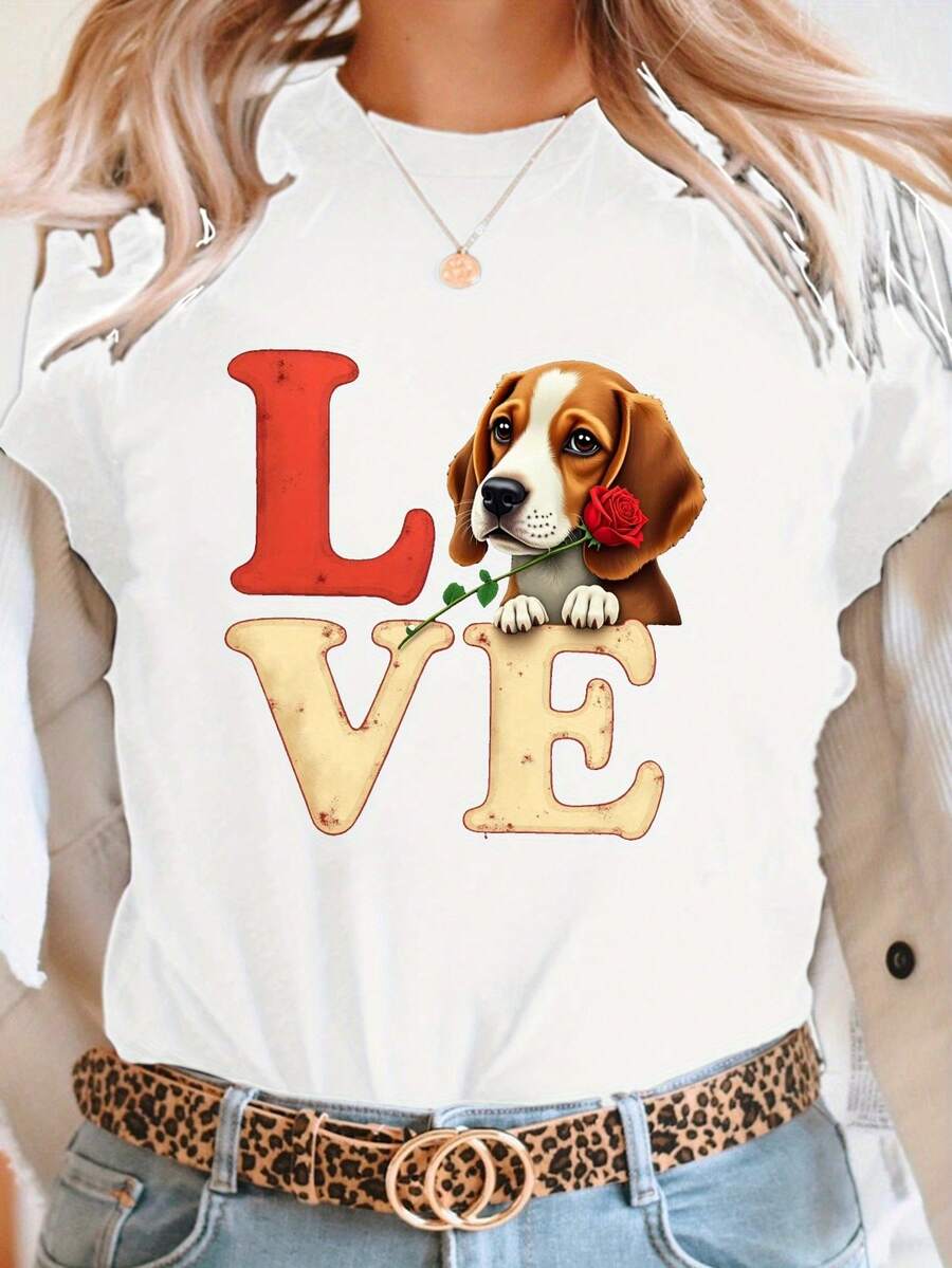 Camiseta Casual de Cuello Redondo y Manga Corta con Estampado de Beagle y Diseño Cuadrado LOVE para Verano y Primavera, Ropa de Mujer - Negro - Ver 1