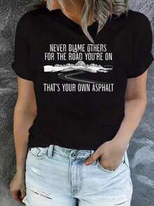 Women's White Short Sleeve Crew Neck T-Shirt | Inspirational "Never Blame Others" Print, Casual Standard Fit, Machine Washable, Perfect For Everyday Wear And Gifting, Stylish And Breathable T-Shirt, Everyday Print Shirt, Cool Summer Clothes. - 黑色 - 查看 8