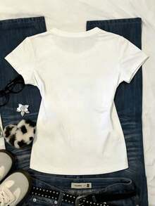 Camiseta casual de mujer de manga corta con estampado de letras, cuello redondo y versátil - Blanco - Ver 2