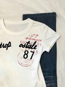 Camiseta casual de mujer de manga corta con estampado de letras, cuello redondo y versátil - Blanco - Ver 3