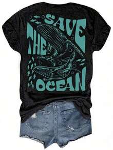 GiftCamiseta con Estampado [Promoción Dirigida] SAVE THE OCEAN, Camiseta de Manga Corta Casual para Mujer, Ropa de Mujer - Camiseta de Manga Corta de Algodón, Estilo Vintage Urbano, Unisex, Corte HolgadoSoft - Negro - Ver 3