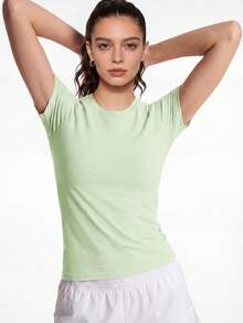 Leorrey 1 pieza Camiseta deportiva de mujer con cuello redondo, manga corta, de malla, cómoda y suave, para senderismo, running, fitness, entrenamiento, tenis y golf - Verde - Ver 8