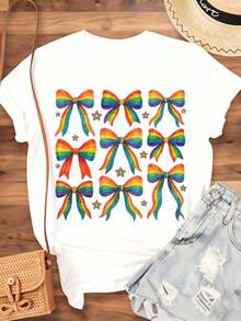 Camiseta con Estampado de Arcoíris para Mujer, Manga Corta Casual, Ropa para Fiesta Pride, Unisex, Streetwear, Camiseta Gráfica de Moda, Atuendo de Verano, 220g - Blanco - Ver 3