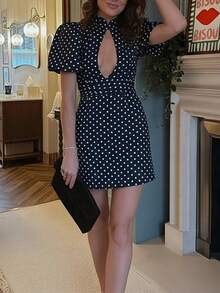 Spring 2026 Dress In European-American Style, Polka Dots With Cutouts And Puff Sleeves, Casual And Elegant Design - Black - View 7