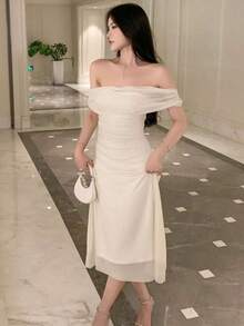 Vestido de hombros abiertos de unicolor, vestido de fiesta elegante para cumpleaños, Año Nuevo, baile de graduación, vestido de cóctel de hombros descubiertos de largo maxi - Beis - Ver 6