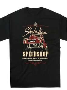 Camiseta Hot Rod para Hombre - Diseño State Line Speedshop Dragster, Estilo Vintage de los 50, Camiseta Negra de Cuello Redondo con Gráficos Rojos y Blancos, Perfecta para Uso Casual, Ropa de Carreras de Drag, Diseño Vintage Hot Rod, Tela Resistente, Una camiseta de manga corta adecuada para el hogar, uso diario, fiestas y viajes-perfecta como regalo para amigos o familiares. - Negro - Ver 1