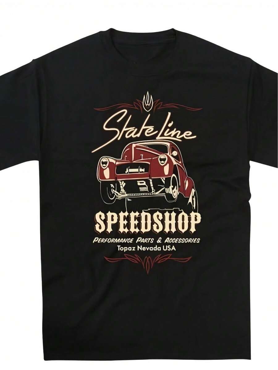 Camiseta Hot Rod para Hombre - Diseño State Line Speedshop Dragster, Estilo Vintage de los 50, Camiseta Negra de Cuello Redondo con Gráficos Rojos y Blancos, Perfecta para Uso Casual, Ropa de Carreras de Drag, Diseño Vintage Hot Rod, Tela Resistente, Una camiseta de manga corta adecuada para el hogar, uso diario, fiestas y viajes-perfecta como regalo para amigos o familiares. - Negro - Ver 1