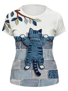 Camiseta manga corta cuello redondo 100% algodón, estampado trendy, tejido ligero y ventilado, estilo moda casual, apta para vida diaria, salidas informales y citas en primavera, verano y otoño - Azul marino - Ver 2