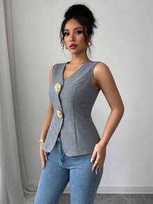 Blusa exterior con cuello en V ajustada con decoración de botones dorados con rosas - Gris - Ver 4