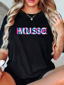 Ilusión Óptica House Music Glitch - Camiseta EDM Rave DJ de Cuello Redondo y Manga Corta para Hombre y Mujer - Negro - Ver 4