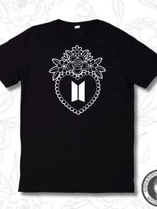 Camiseta K-Pop con Corazón Floral (disponible) playeras de hombre playeras oversize de mujer y2k camisa de mujer camisa blusa casual mujer blusa elegante mujer ofertas - Negro - Ver 1