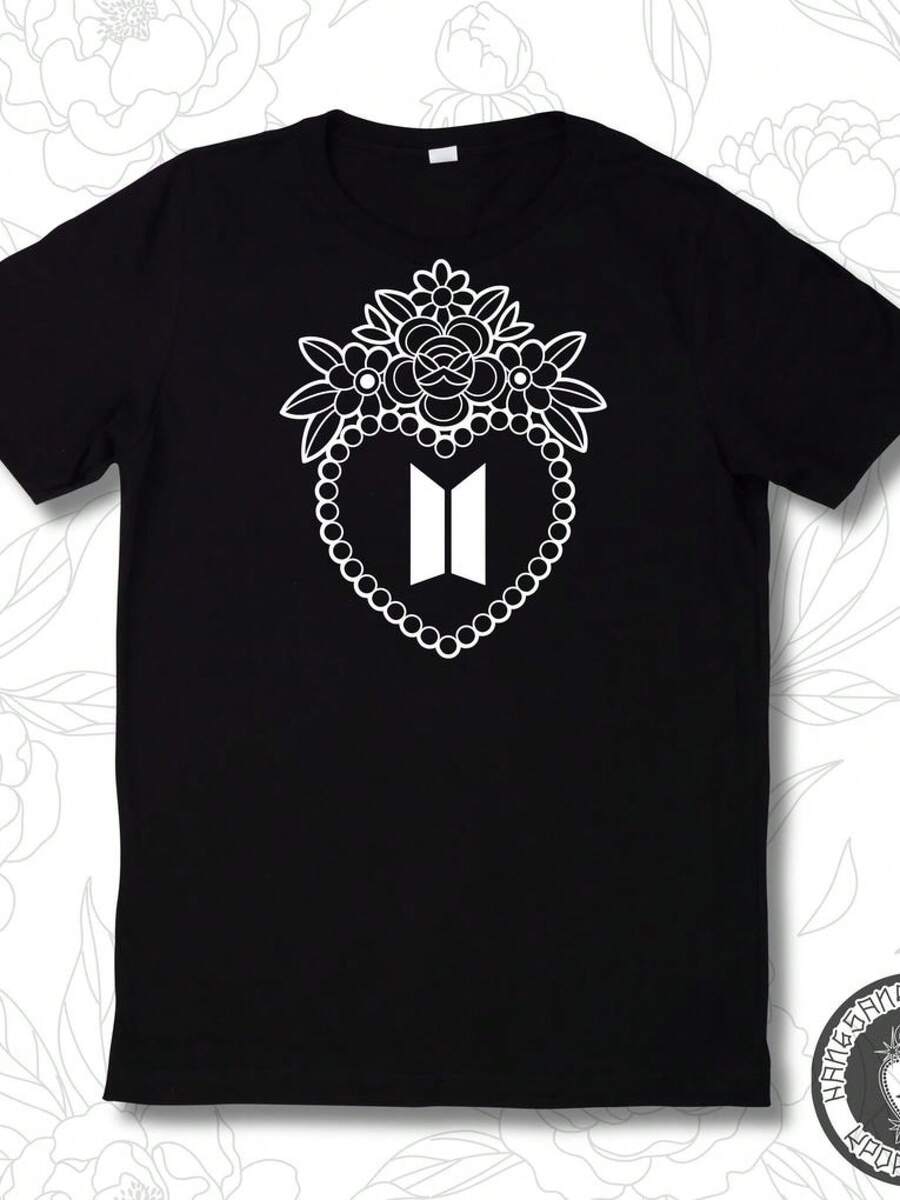 Camiseta K-Pop con Corazón Floral (disponible) playeras de hombre playeras oversize de mujer y2k camisa de mujer camisa blusa casual mujer blusa elegante mujer ofertas - Negro - Ver 1