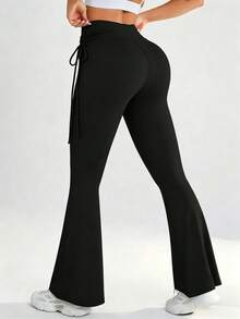 Pantalones Deportivos Acampanados de Cintura Alta, con Efecto de Control de Abdomen y Pierna Larga, para Mujer - Negro - Ver 6