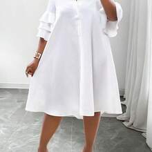 Women Solid Color Simple Casual Beach Short Sleeve Layered Ruffle Sleeve Shirt, Uneven Hem Mid-Length Dress,Graduation Dress - Rosa - Ver 5