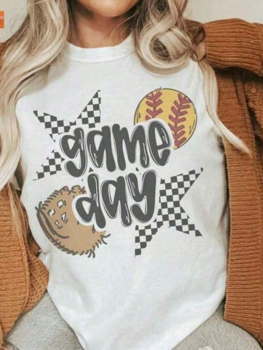 1 Baseball And Softball Game Day T-Shirt, Retro Sports T-Shirt, Unisex Game Day T-Shirt, Baseball And Softball Graphic Top, Cute Softball Game Day T-Shirt, Women's Spring Summer Holiday Outfits, 180g 100% Cotton. - 白色 - 查看 1
