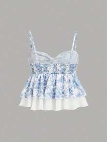 Top de tirantes con volantes y pliegues de color rosa dulce para mujer, top corto de verano - Azul y blanco - Ver 2