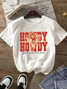 Camiseta de manga corta con estampado de la letra Cupido para el Día de San Valentín, estilo casual y a la moda, versión combinada, cuello redondo, para adultos, hombres, mujeres, adolescentes y jóvenes. - Blanco - Ver 2