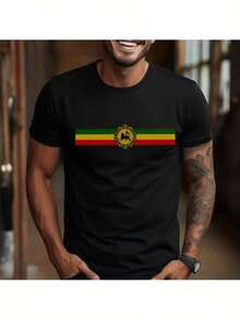 Lion Reggae Music T-Shirt - Colors Of The Judah Flag And Lion Of Judah Print, Green, Yellow, Red, Black. Casual, Short Sleeve, Crew Neck, For Reggae Fans, One Love Symbol, Suitable For All Seasons. Loose And Comfortable Fit. - Black - View 1