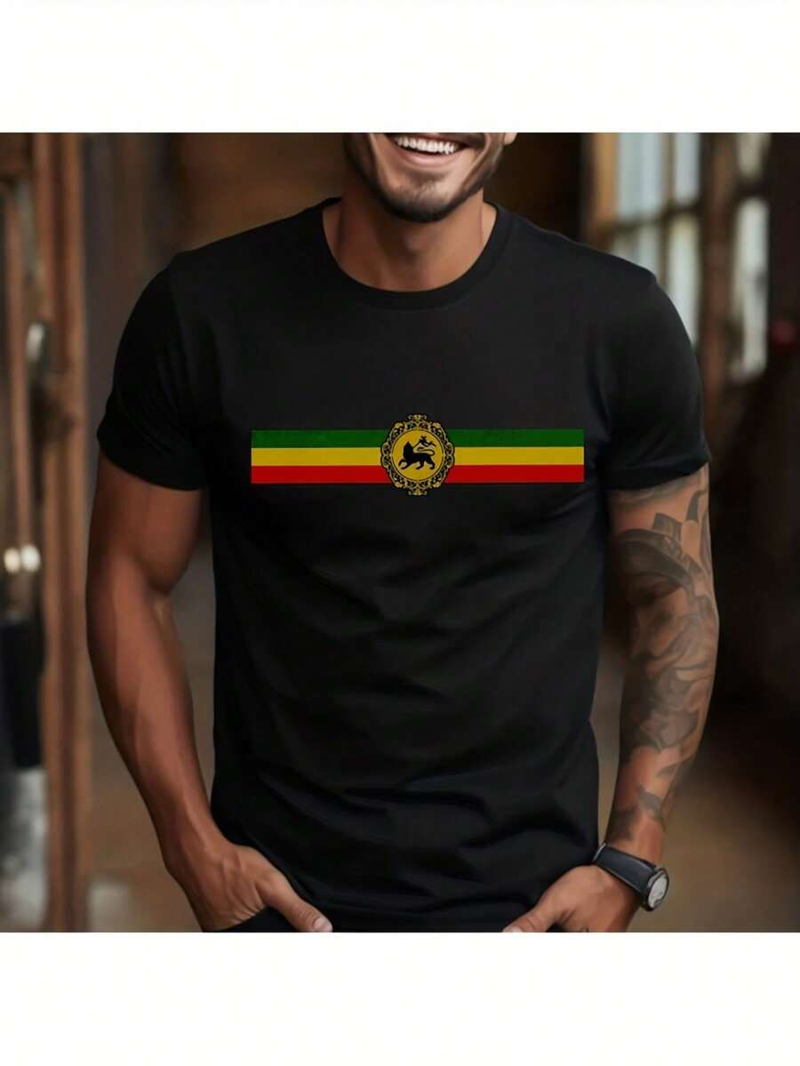 Lion Reggae Music T-Shirt - Colors Of The Judah Flag And Lion Of Judah Print, Green, Yellow, Red, Black. Casual, Short Sleeve, Crew Neck, For Reggae Fans, One Love Symbol, Suitable For All Seasons. Loose And Comfortable Fit. - Black - View 1