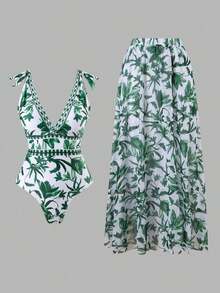 Swim Oasis Traje de baño de una pieza con cuello en V, estampado floral azul, diseño halter y espalda descubierta, con falda transparente.Atuendo de playa de verano de alta gama para mujer - Verde - Ver 3