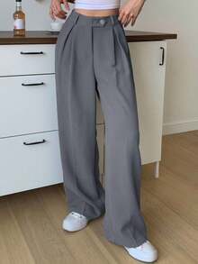 1 pieza Pantalón de vestir de cintura alta con bolsillos en diagonal, atuendo de negocios para mujer - Gris - Ver 1