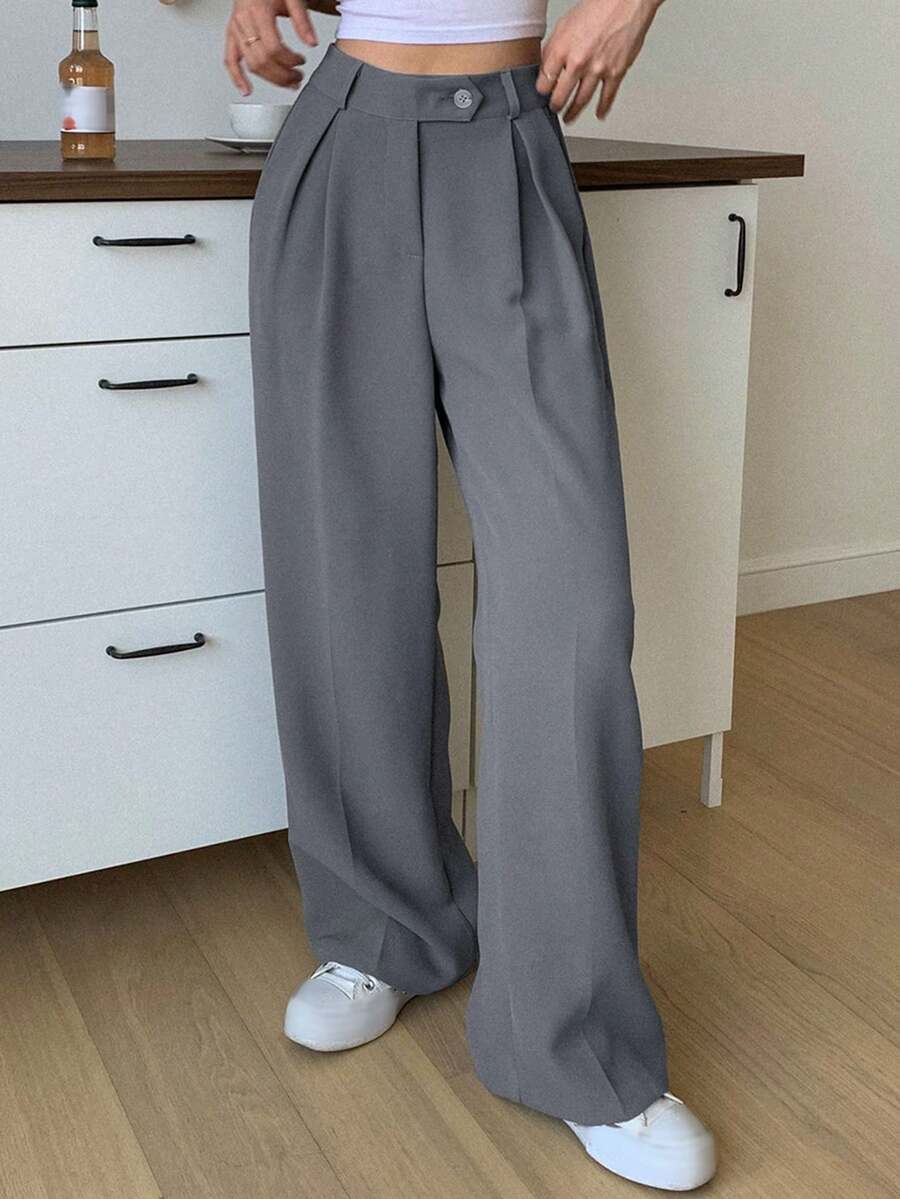 1 pieza Pantalón de vestir de cintura alta con bolsillos en diagonal, atuendo de negocios para mujer - Gris - Ver 1