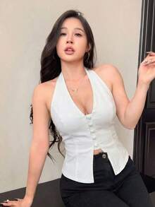 Parte superior de halter elástica de mezclilla sin mangas sexy para mujer, corsé azul, blusas de mujer para brunch, blusas de verano lindas, top de corsé azul - Blanco - Ver 5