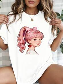 Kawaii Anime Girl Graphic T-Shirt for Women, Cute Pink Ponytail Girl With Cherry Print Oversized Tee, Casual Short Sleeve Top Perfect for Streetwear, Y2K Style, Loungewear, - Blanco - Ver 2