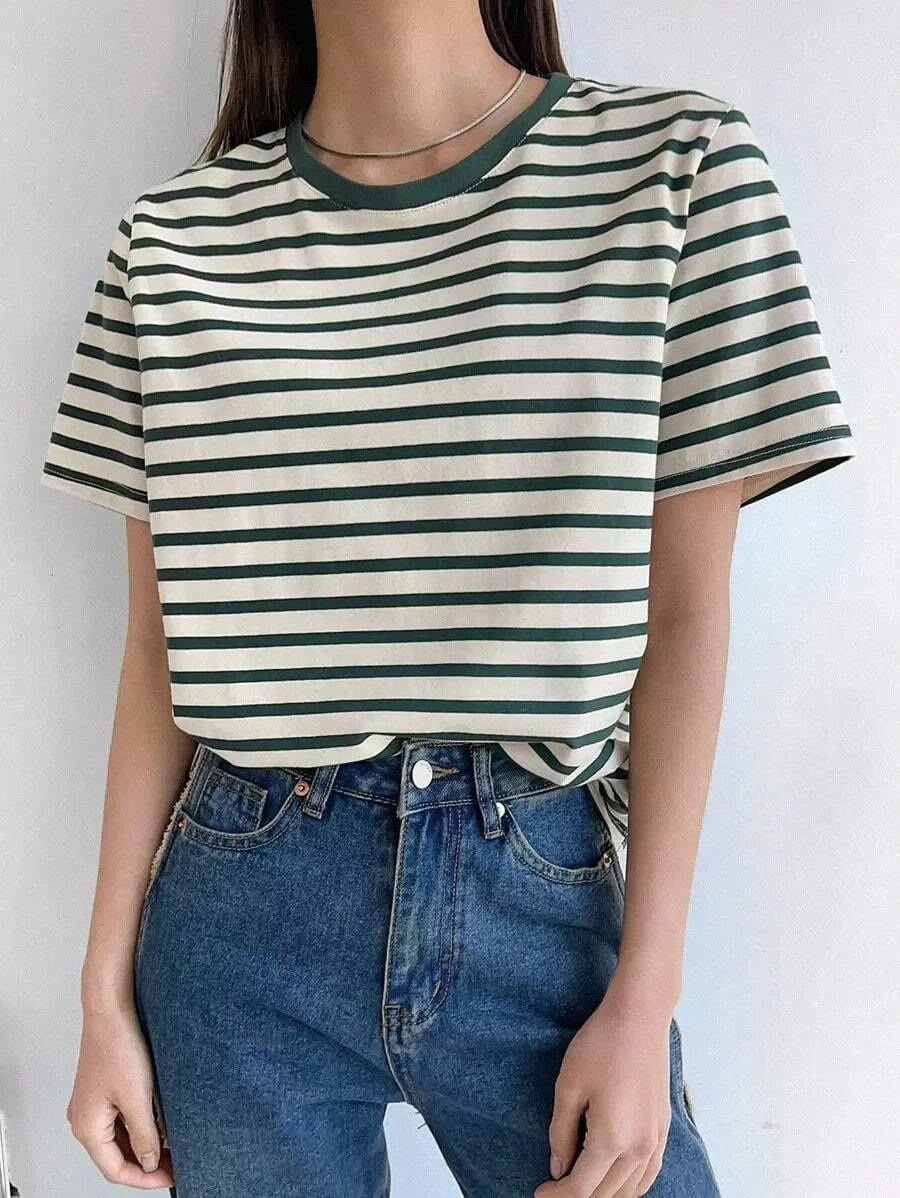 Camiseta de manga corta a rayas contrastantes, verano - Verde - Ver 1