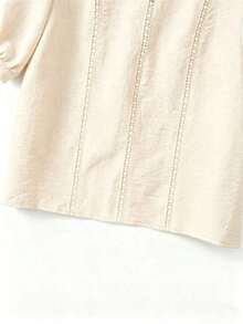 2026 Nueva camisa de verano para mujer, camisa casual de color naranja con parches, ribete de encaje teñido, mangas abullonadas, corte holgado, cuello redondo, manga corta, camisa de mujer con parches de encaje teñido, camisa naranja de muj - Albaricoque - Ver 3