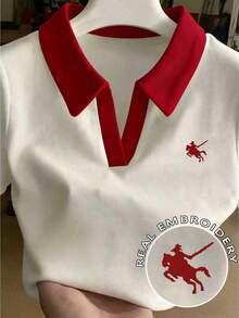 Camiseta de manga corta ajustada con cuello bordado para mujer - Blanco 2 - Ver 7