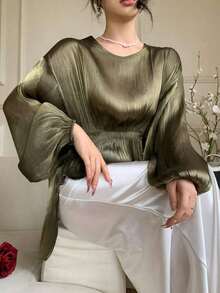Blusa de gasa marrón con bajo asimétrico, camisa casual y elegante con cuello con volantes y manga larga, adecuada para citas, bodas y vacaciones - Verde Oscuro - Ver 12