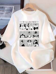 Retrato gráfico de villanos icónicos mostrando distintas expresiones y años que evocan fuerza y actitud rebelde con toque artístico camisetas de mujer  casual cómoda para diario - Blanco - Ver 3
