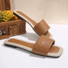 1 Pair Vacation Style Color Block Slip-On Sandals, Women's Flat Square Toe Beach Slippers, Linen Pattern Flip Flops, Versatile Summer Outdoor Wear - Brown - View 4