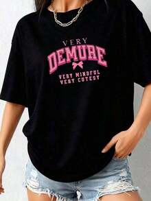 StreetKorean Pink Print T-Shirt For Valentine's Day, Casual For Women-2Graphic Tee - 黑色 - 查看 4