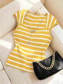 Camiseta de punto de rayas ajustada, estilo minimalista francés, top casual de manga corta, ideal para fiestas, primavera/verano - Amarillo - Ver 1