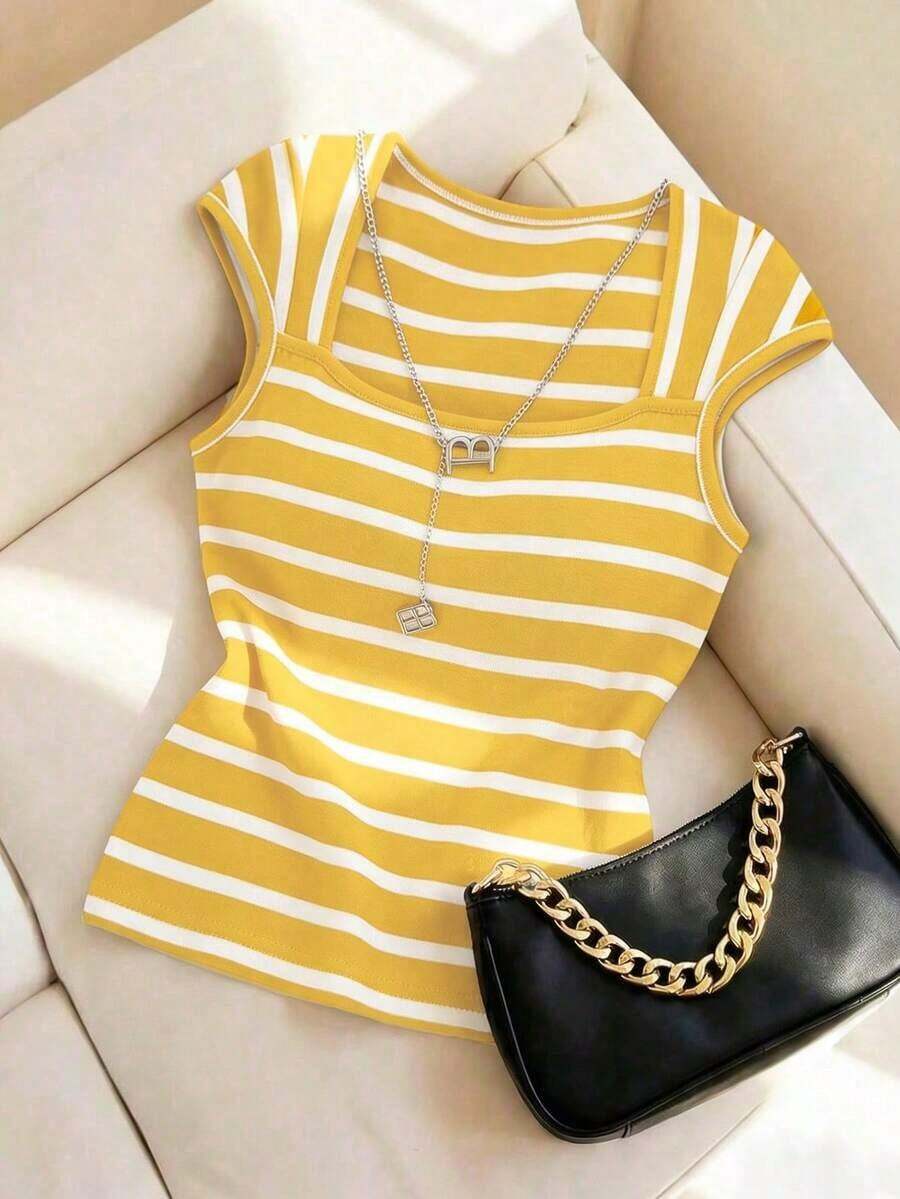 Camiseta de punto de rayas ajustada, estilo minimalista francés, top casual de manga corta, ideal para fiestas, primavera/verano - Amarillo - Ver 1