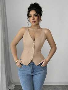 Camiseta sin mangas de un solo pecho de unicolor casual para mujer - Caqui - Ver 3