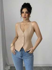 Camiseta sin mangas de un solo pecho de unicolor casual para mujer - Caqui - Ver 7