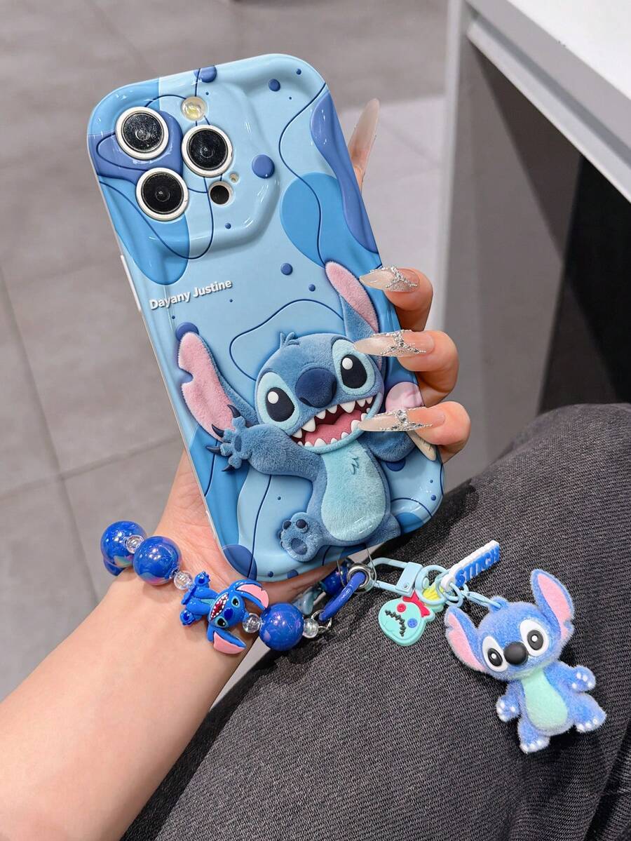 Disney Has Authorized, Phone Case - Chain Set, The Stitch Lilo & Stitch 3D Phone Case Plus A Silicone 3D Stitch Bracelet With Metallic Ring Removable Bracelet, Stitch And Angel Pattern, Compatible With Iphone17/16/15/14/13/12/11/XS/XR/X Plus Pro Max, A Stylish Cartoon Phone Case, The Perfect Gift Choice, Phone Protection, Durable Phone Cover, Great Gift For Friends And Family. - White - View 1