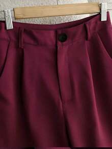 Pantalones casuales de mujer de unicolor con bolsillo oblicuo y pliegues - Burdeos - Ver 4
