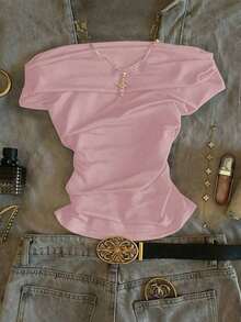 Camiseta de mujer de unicolor y diseño minimalista con hombros descubiertos, para uso casual diario - Rosa Pálido - Ver 8