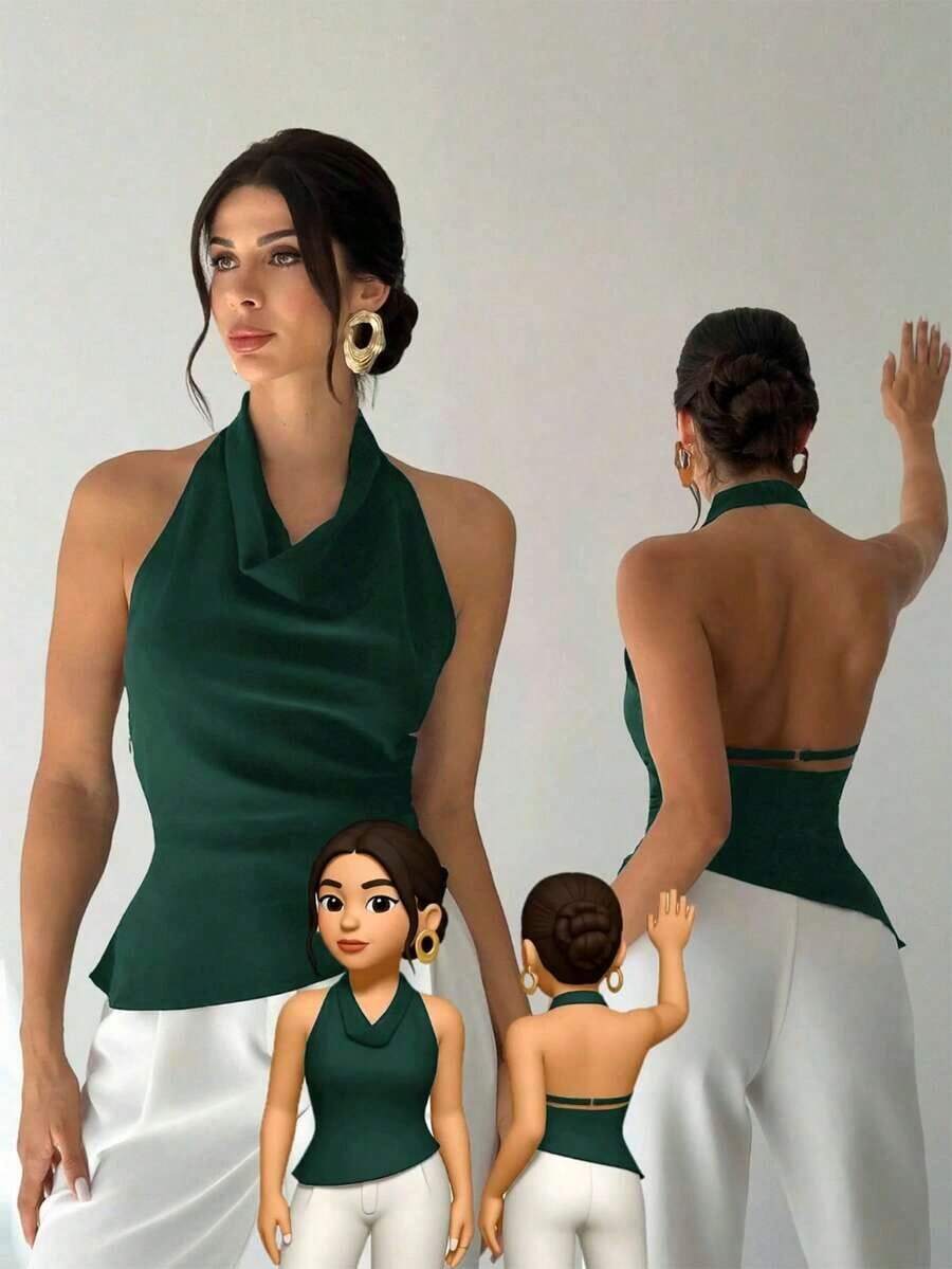 Camisa elegante de oficina para mujer, blusa negra ajustada con cuello asimétrico, sin mangas, halter, espalda descubierta, decoración de botones ajustables, ropa de primavera/verano, elegante, sexy - Verde Oscuro - Ver 1