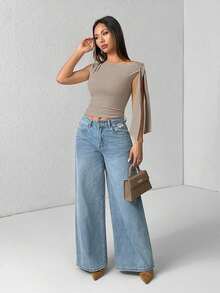 Camiseta de tirantes de unicolor informal con cuello de halter y lazada para el verano - Gris Claro - Ver 5