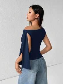 Top de hombro asimétrico con tirantes de atar de unicolor para mujer - Azul marino - Ver 2