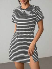 Vestido corto de manga corta para el verano con estampado de rayas y ribete a color block - Gris Oscuro - Ver 5