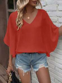 Camisa de manga de murciélago de unicolor casual, verano - Rojo - Ver 6
